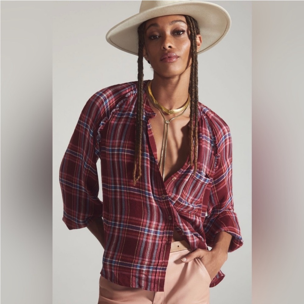 Pilcro Anthropologie Red Plaid Button Down Shirt XL NWT